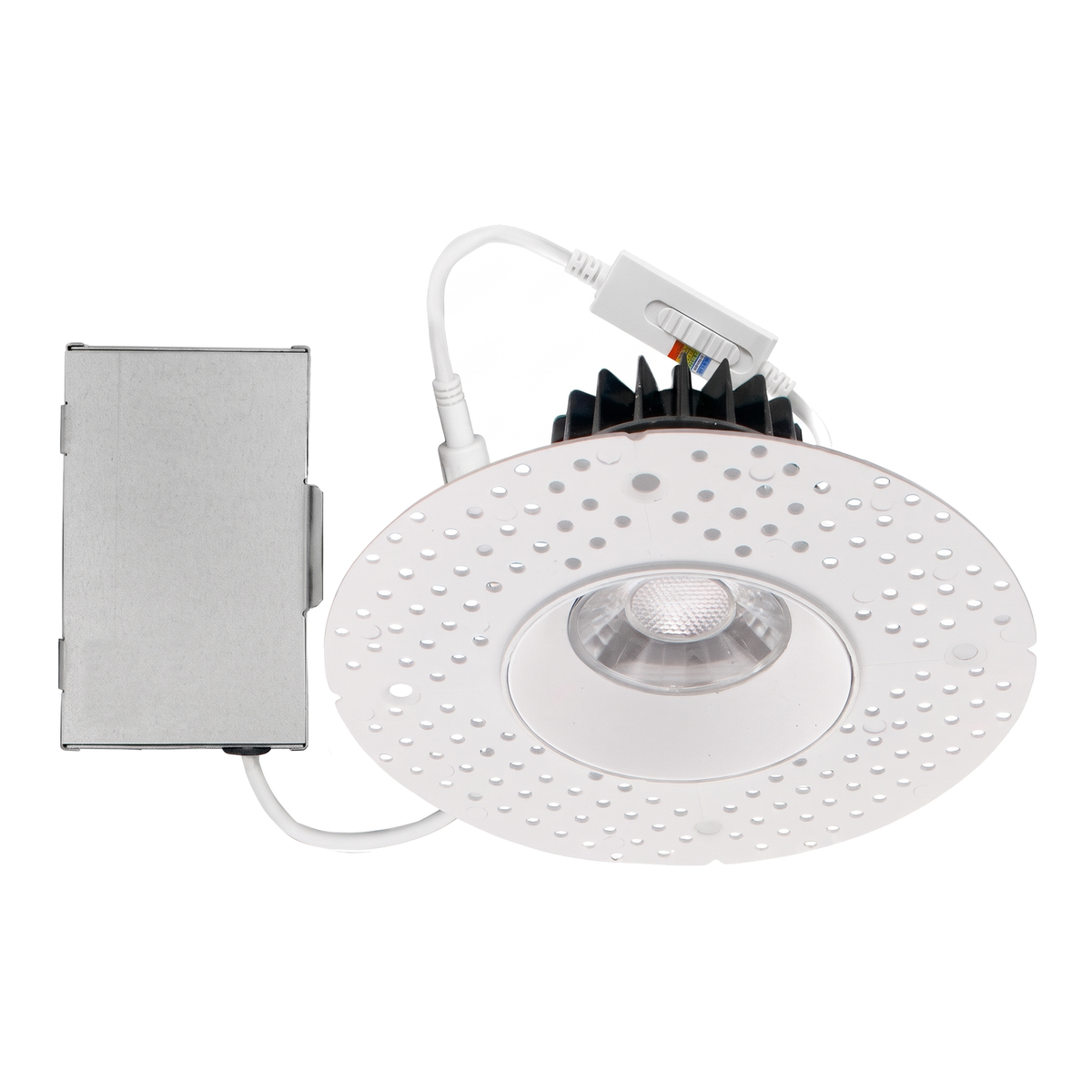 Single white round trimless downlight with separate driver