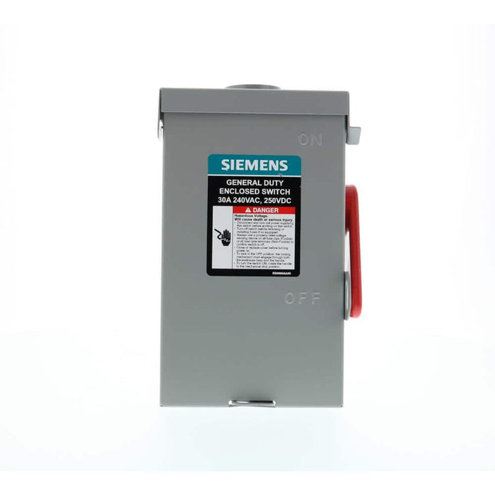 Siemens General Duty 30 Amp 2-Pole 3-Wire 240-Volt Fusible Outdoor Safety Switch, model GF221NRAU, product label detail, image 1