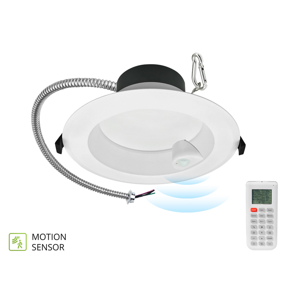 White round commercial downlight with built-in motion sensor; remote control shown is sold separately