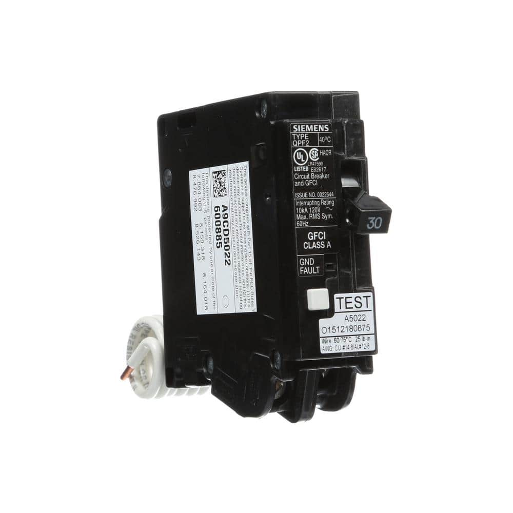 Siemens QPF2 1-Pole GFCI Circuit Breaker, model QF120AP, product label detail, image 10
