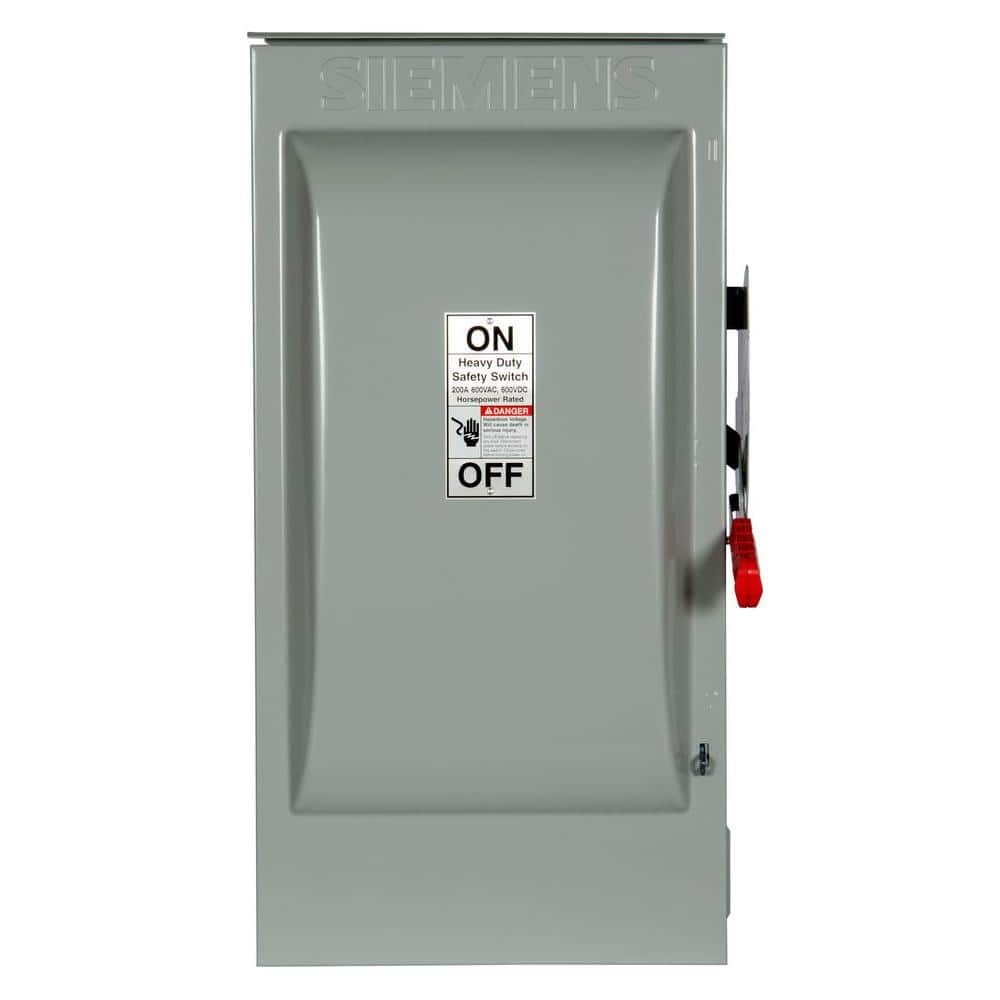 Siemens Heavy Duty 200 Amp 600-Volt 3-Pole Outdoor Non-Fusible Safety Switch, model HNF364R, product label detail