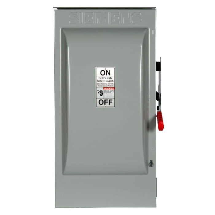 Siemens Heavy Duty 200 Amp 600-Volt 3-Pole Outdoor Non-Fusible Safety Switch, model HNF364R, product label detail