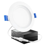 Sunco 4" wafer thin Slim Downlights are a simple retrofit solution. These narrow profile Slims don't require cans so they're to install in narrow ceilings. LED is dimmable and offers: 35,000 hour lifespan, 10W=60W equivalent, 650 lumens. Comes with an IC Rated junction box. You can see the spring clips that hold the LED in place, along with the included wire nuts and wiring connection between the LED and the j-box.