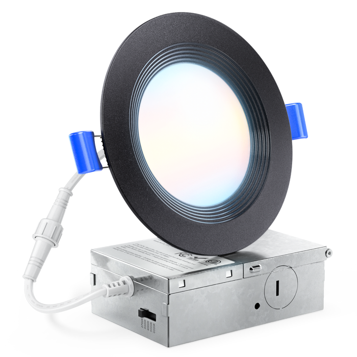 Sunco 4-inch slim recessed LED downlight with black baffle trim, blue spring clips, and metal junction box