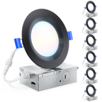  Large 4-inch black slim baffle recessed LED light with junction box and six smaller units, indicating a 6-pack