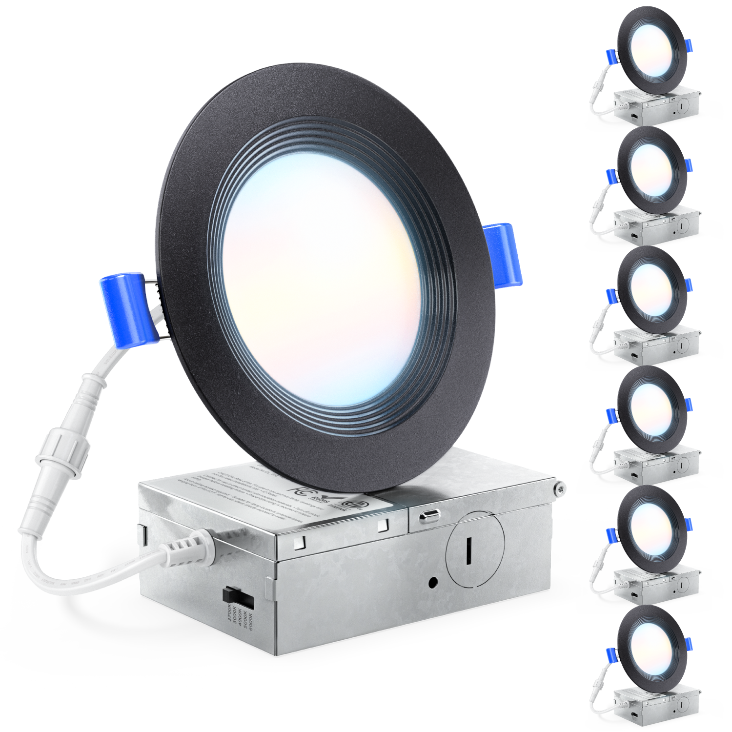  Large 4-inch black slim baffle recessed LED light with junction box and six smaller units, indicating a 6-pack