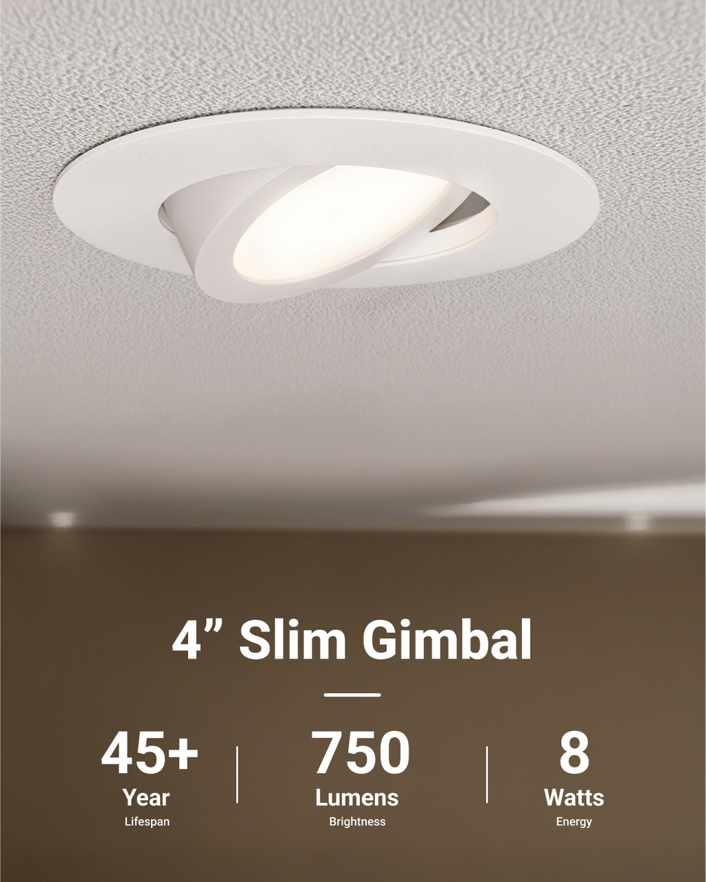Recessed LED Lighting, 4 Inch, Slim Gimbal, Selectable CCT, 750 Lumens