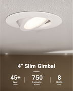 Recessed LED Lighting, 4 Inch, Slim Gimbal, Selectable CCT, 750 Lumens