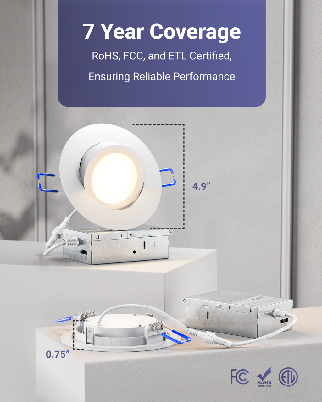 Recessed LED Lighting, 4 Inch, Slim Gimbal, Selectable CCT, 750 Lumens