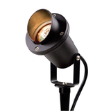 Black hooded directional landscape light, full fixture view