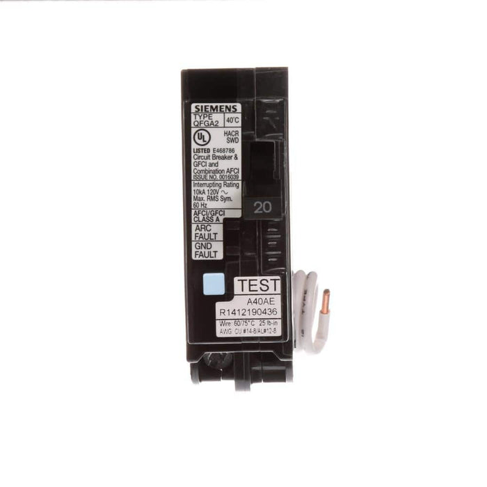 Siemens 1-Pole Dual Function AFCI/GFCI Circuit Breaker, model Q120DFP, product label detail, image 2
