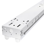 The 4ft LED Ready 2-Lamp Strip Fixture features a prismatic lens for low-glare illumination, non-shunted sockets, and dual-end pre-wiring for optimal lighting performance.