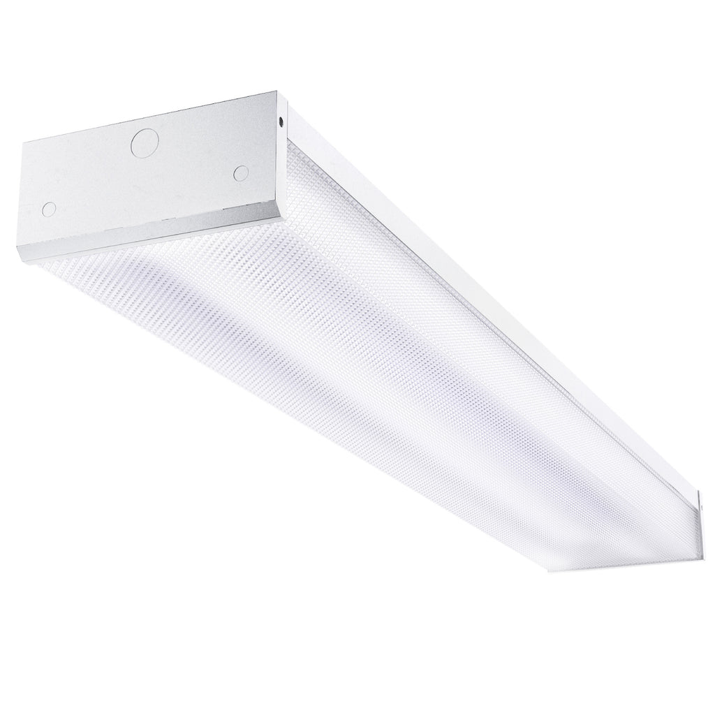 The 4ft LED Ready Wraparound Fixture features a prismatic lens for low-glare illumination, non-shunted sockets, and dual-end pre-wiring for optimal lighting performance.