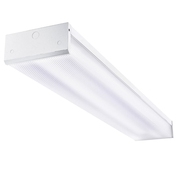 The 4ft LED Ready Wraparound Fixture features a prismatic lens for low-glare illumination, non-shunted sockets, and dual-end pre-wiring for optimal lighting performance.
