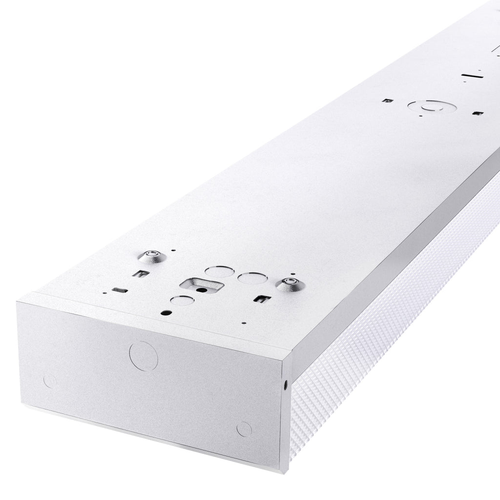 The 4ft LED Ready Wraparound Fixture features a prismatic lens for low-glare illumination, non-shunted sockets, and dual-end pre-wiring for optimal lighting performance.