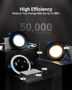 Black slim baffle recessed LED light and junction box with measurements,“High Efficiency” text, and 50,000-hour lifespan