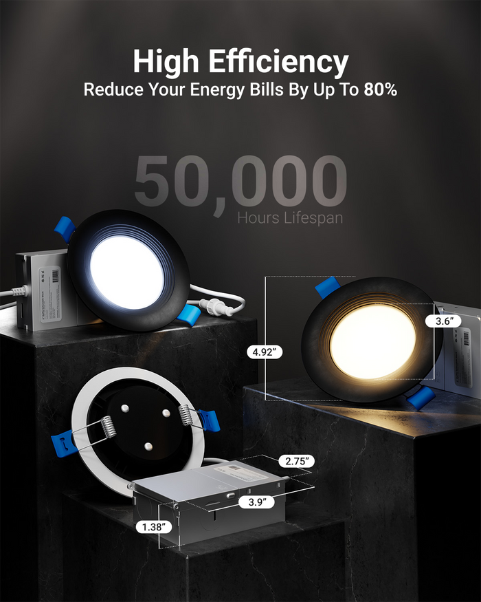 Black slim baffle recessed LED light and junction box with measurements,“High Efficiency” text, and 50,000-hour lifespan