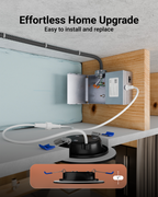 Junction box wired in a ceiling space and slim black recessed light labeled “Effortless Home Upgrade” annd 1-inch profile