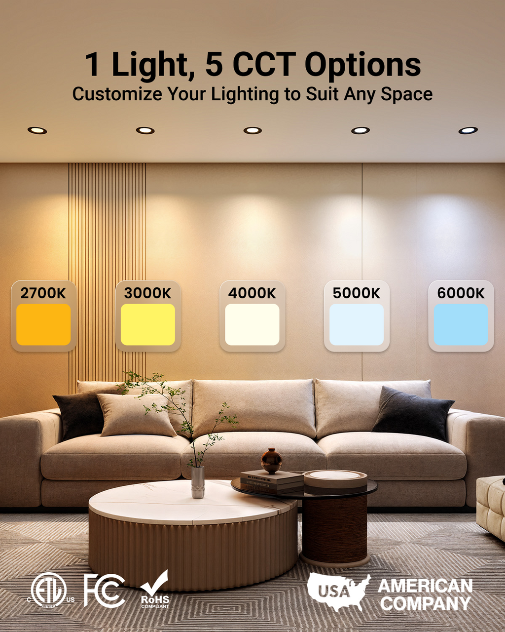 Light showing five selectable color temperatures 2700K, 3000K, 4000K, 5000K, and 6000K, plus compliance icons