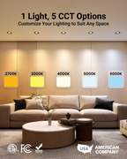 Light showing five selectable color temperatures 2700K, 3000K, 4000K, 5000K, and 6000K, plus compliance icons