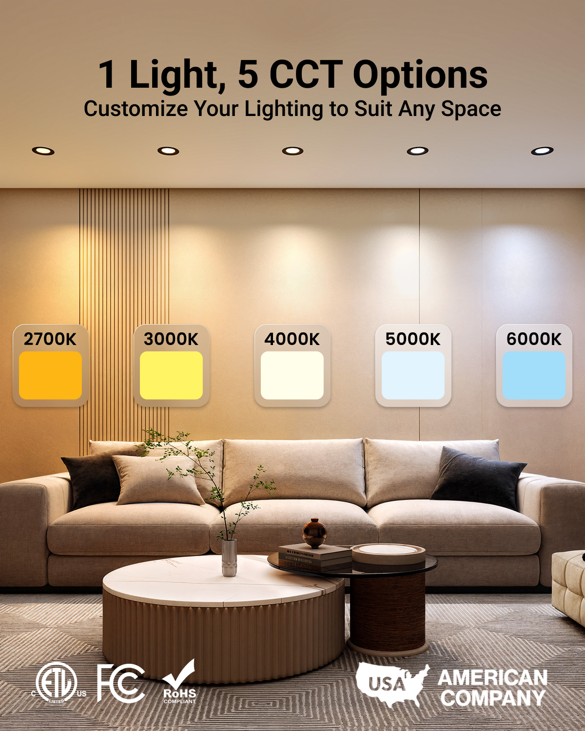 Light showing five selectable color temperatures 2700K, 3000K, 4000K, 5000K, and 6000K, plus compliance icons