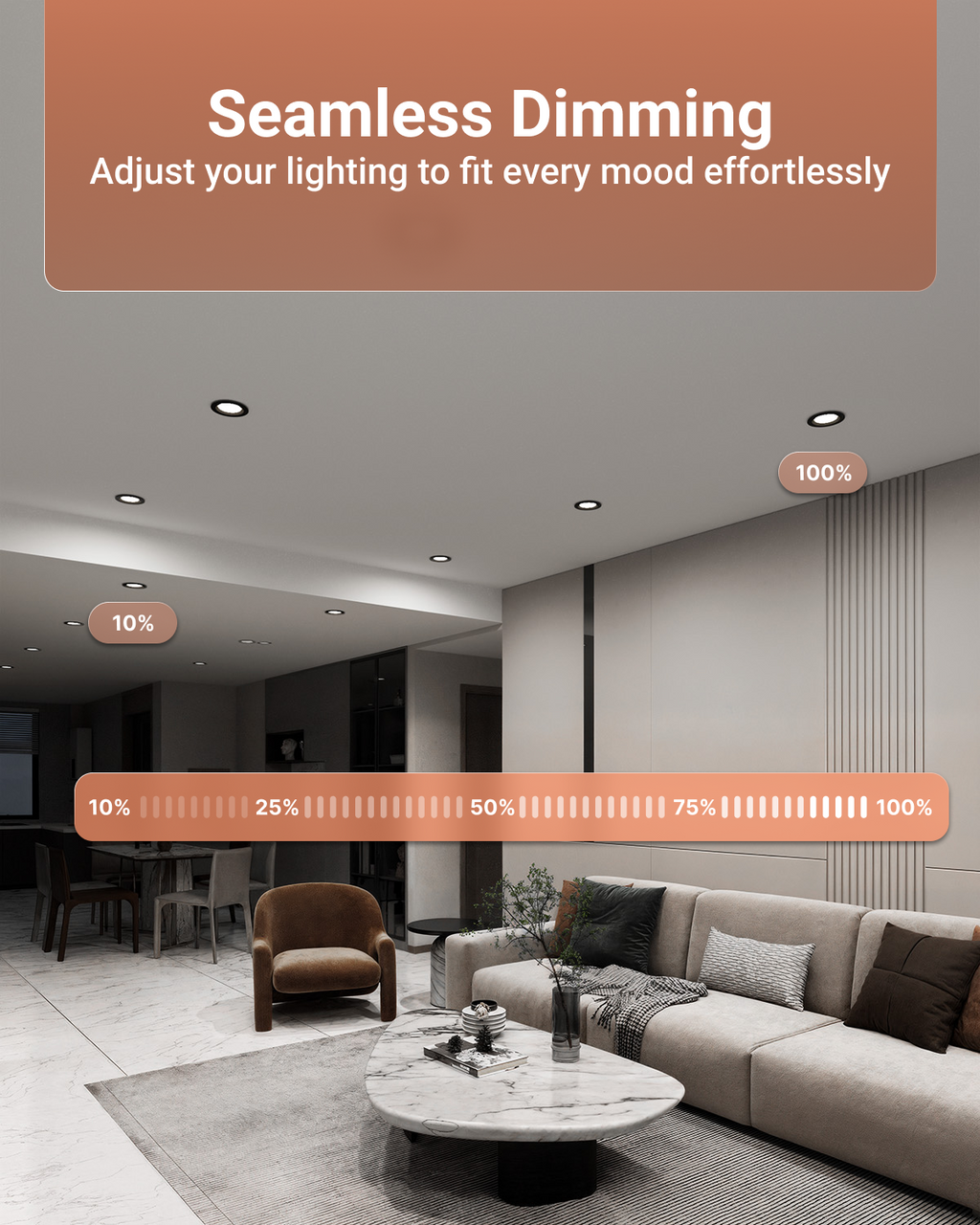 Living room scene labeled “Seamless Dimming” with a brightness scale graphic illustrating dimming from 10% to 100%