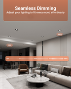 Living room scene labeled “Seamless Dimming” with a brightness scale graphic illustrating dimming from 10% to 100%