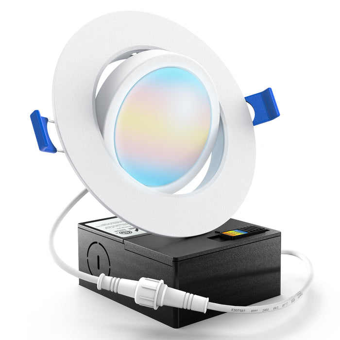 Select color temperature with the slider on the junction box during installation of this easy install, instant on, 4-inch Slim Gimbal recessed light with j-box. This adjustable downlight features a gimbal optic with a 35-degrees tilt and a full 360-degree swivel to adjust the light position. The spring clips secure this thin profile downlight to the ceiling. Choose color temperature (2700K, 3000K, 3500K, 4000K, 5000K) on this eyeball light to tune the light to the white light you need for each space. 