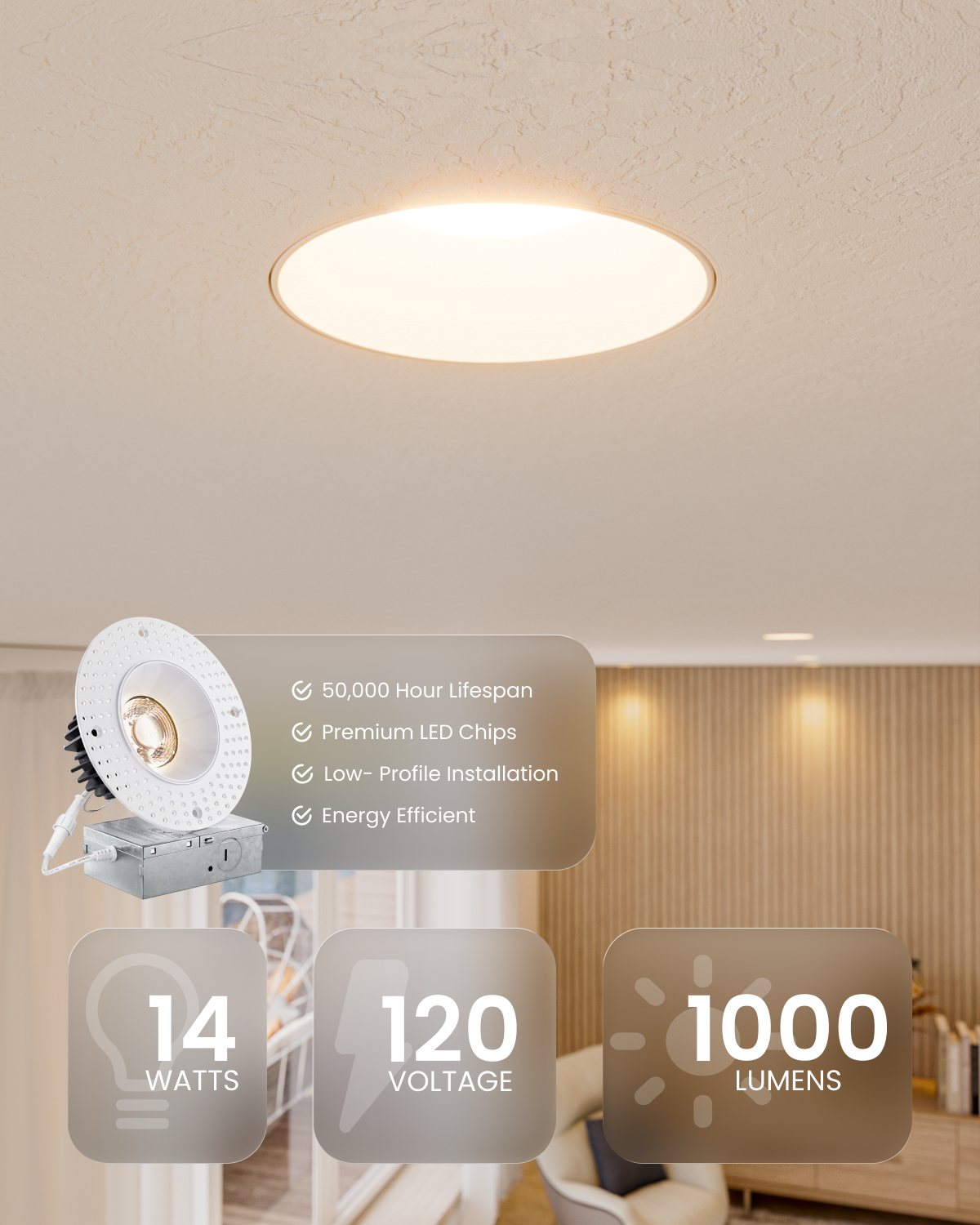 Recessed LED Lighting, 4 Inch, Trimless, Smooth Trim, Selectable CCT, 1000 Lumens