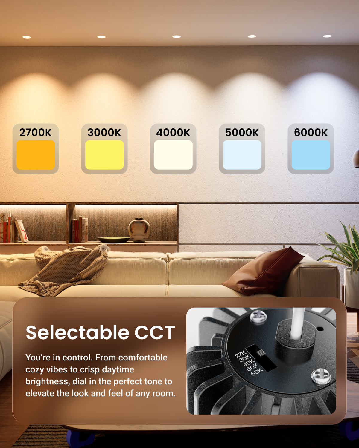 Recessed LED Lighting, 4 Inch, Trimless, Smooth Trim, Selectable CCT, 1000 Lumens
