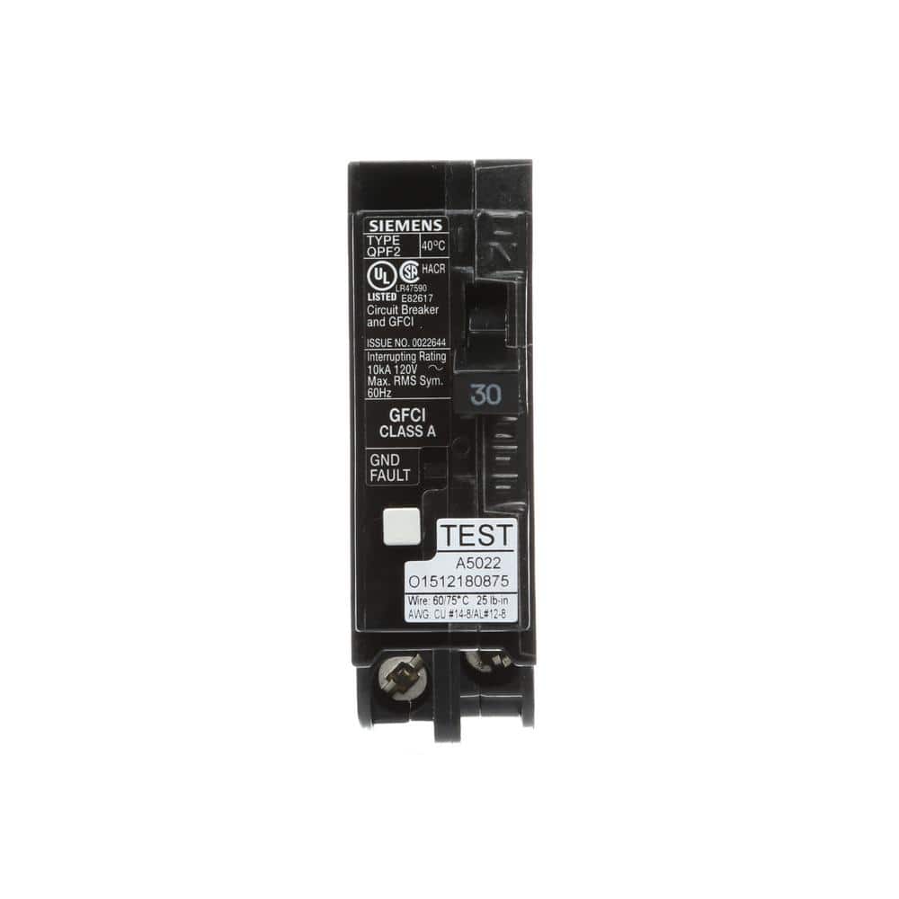 Siemens QPF2 1-Pole GFCI Circuit Breaker, model QF130A, product label detail