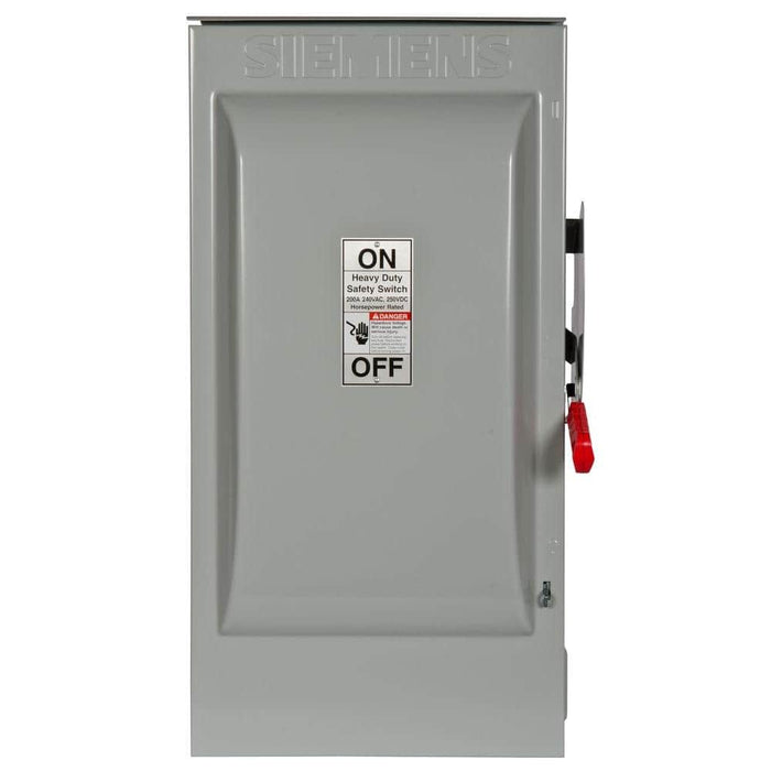 Siemens Heavy Duty 200 Amp 240-Volt 2-Pole Outdoor Fusible Safety Switch, model HF224NR, product label detail