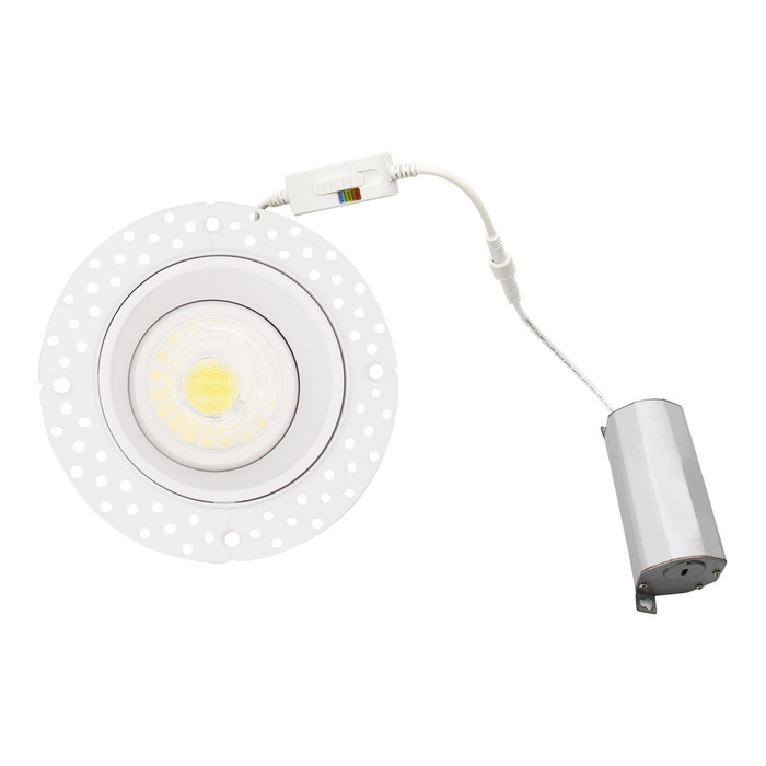 White round gimbal trimless recessed downlight with adjustable LED module and remote driver