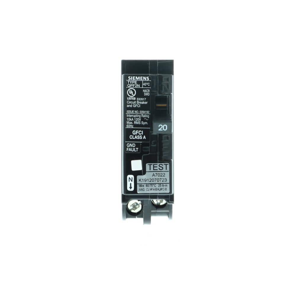 Siemens QPF2 1-Pole GFCI Plug-On Neutral Circuit Breaker, model QF120ANP, product label detail, image 2