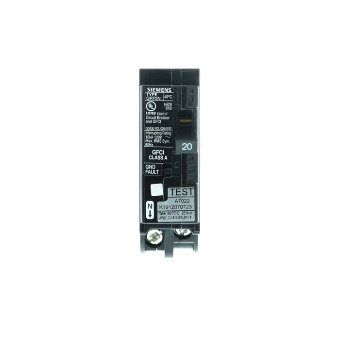 Siemens QPF2 1-Pole GFCI Plug-On Neutral Circuit Breaker, model QF120ANP, product label detail, image 2
