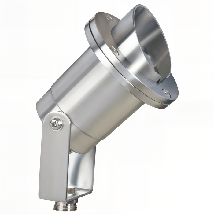 Stainless steel hooded directional landscape light, angled view