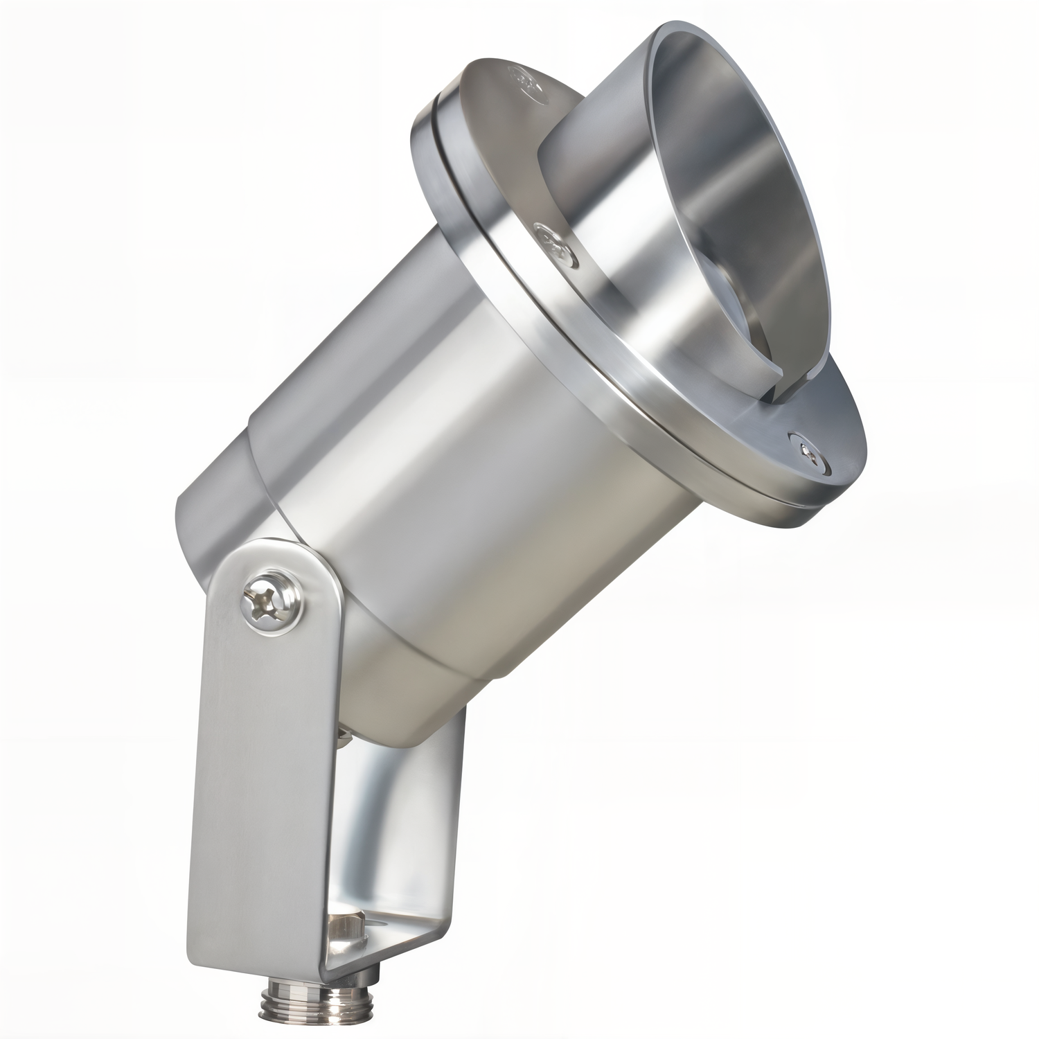 Stainless steel hooded directional landscape light, angled view