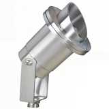 Stainless steel hooded directional landscape light, angled view