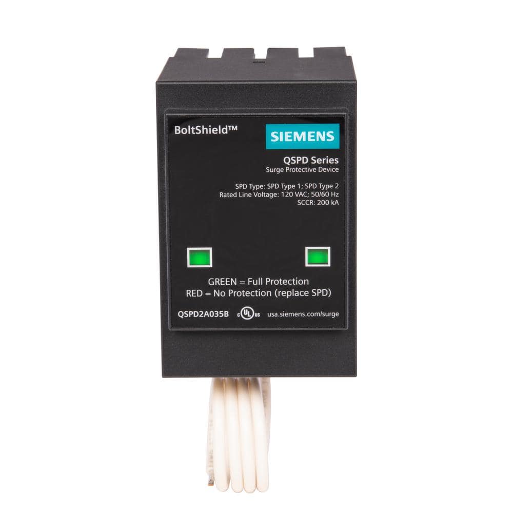 Siemens Boltshield 35kA, 2-Pole, Single Phase, Type-1 Plug-In Surge Protective Device, model QSPD2A035B, product label detail, image 2