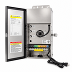Open silver transformer enclosure with three circuit buttons, a terminal block and a coiled power cord
