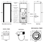 Black and white technical schematic diagram of a programmable water heater, showing front, side, and back views with dimensions, labels for removable cover door, photocell, and mechanical timers.