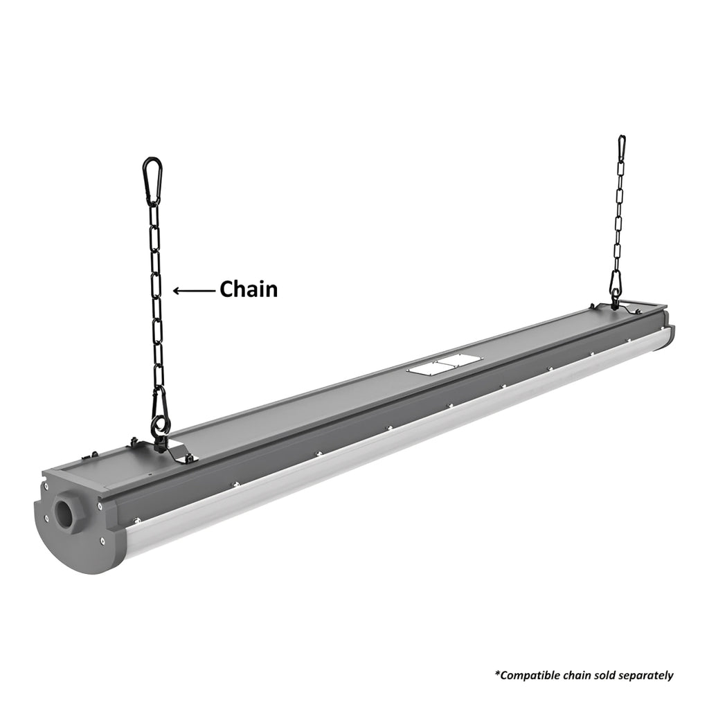 This 4ft LED strip fixture offers versatile installation options and can be mounted on the ceiling, wall, pole, or suspended using pendants or chains.