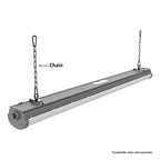 This 4ft LED strip fixture offers versatile installation options and can be mounted on the ceiling, wall, pole, or suspended using pendants or chains.
