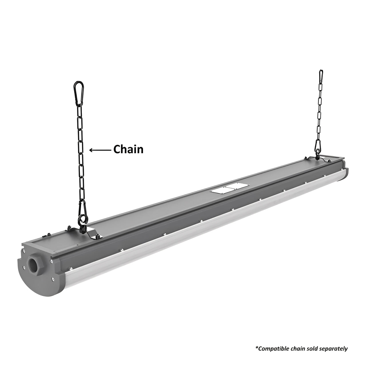 This 4ft LED strip fixture offers versatile installation options and can be mounted on the ceiling, wall, pole, or suspended using pendants or chains.