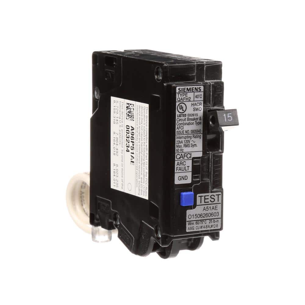 Siemens 1-Pole Combination AFCI Circuit Breaker, model QA120AFCP, product label detail, image 16