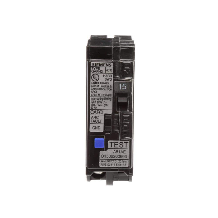 Siemens 1-Pole Combination AFCI Circuit Breaker, model QA115AFCH, product label detail