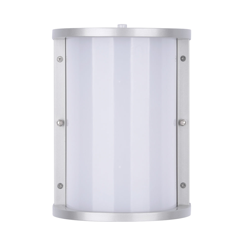 Brushed-nickel half-cylinder wall sconce front view