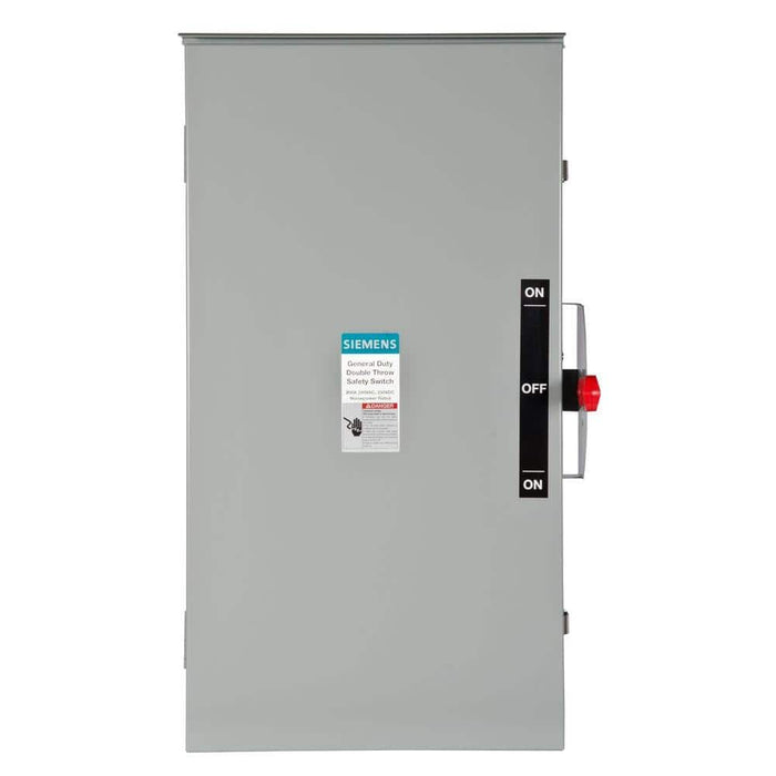 Siemens General Duty Double Throw 200 Amp 240-Volt 2-Pole Outdoor Non-Fusible Safety Switch, model DTGNF224NR, product label detail