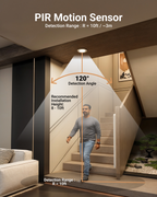 Stairway motion sensor diagram with 120° detection angle, 10 ft range, and recommended 8–10 ft install height.