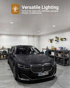 Garage with motion sensor downlights over parked car; versatile lighting for stairwells, hallways, garages, closets, and bathrooms.